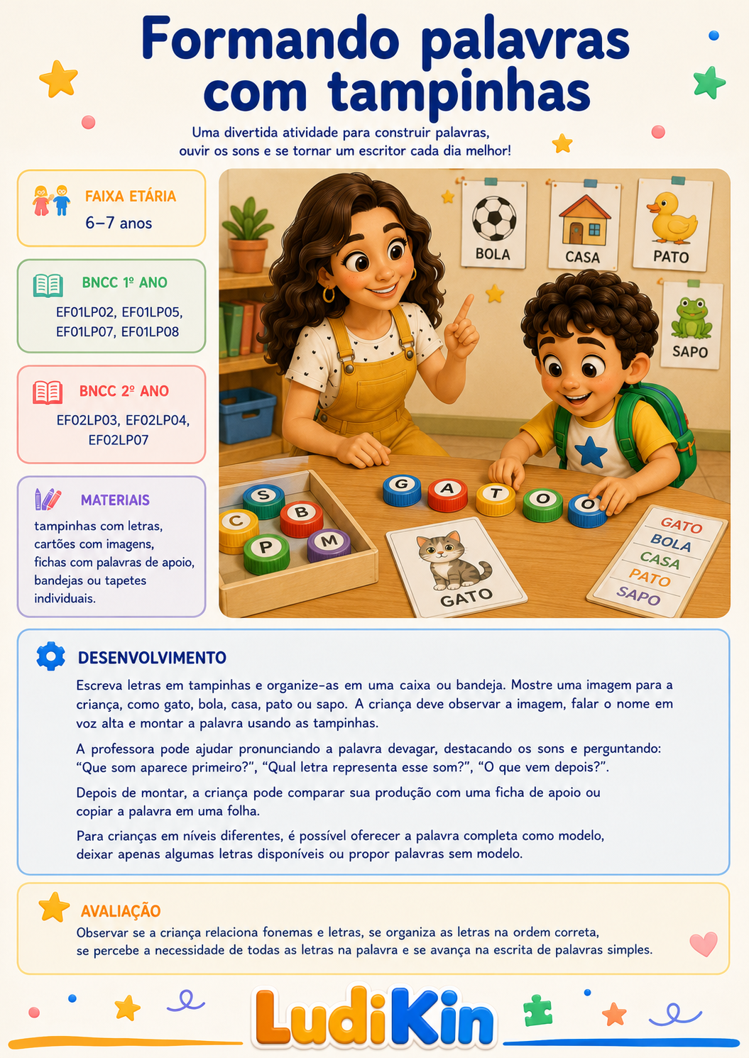 Prévia da brincadeira Formando Palavras com Tampinhas