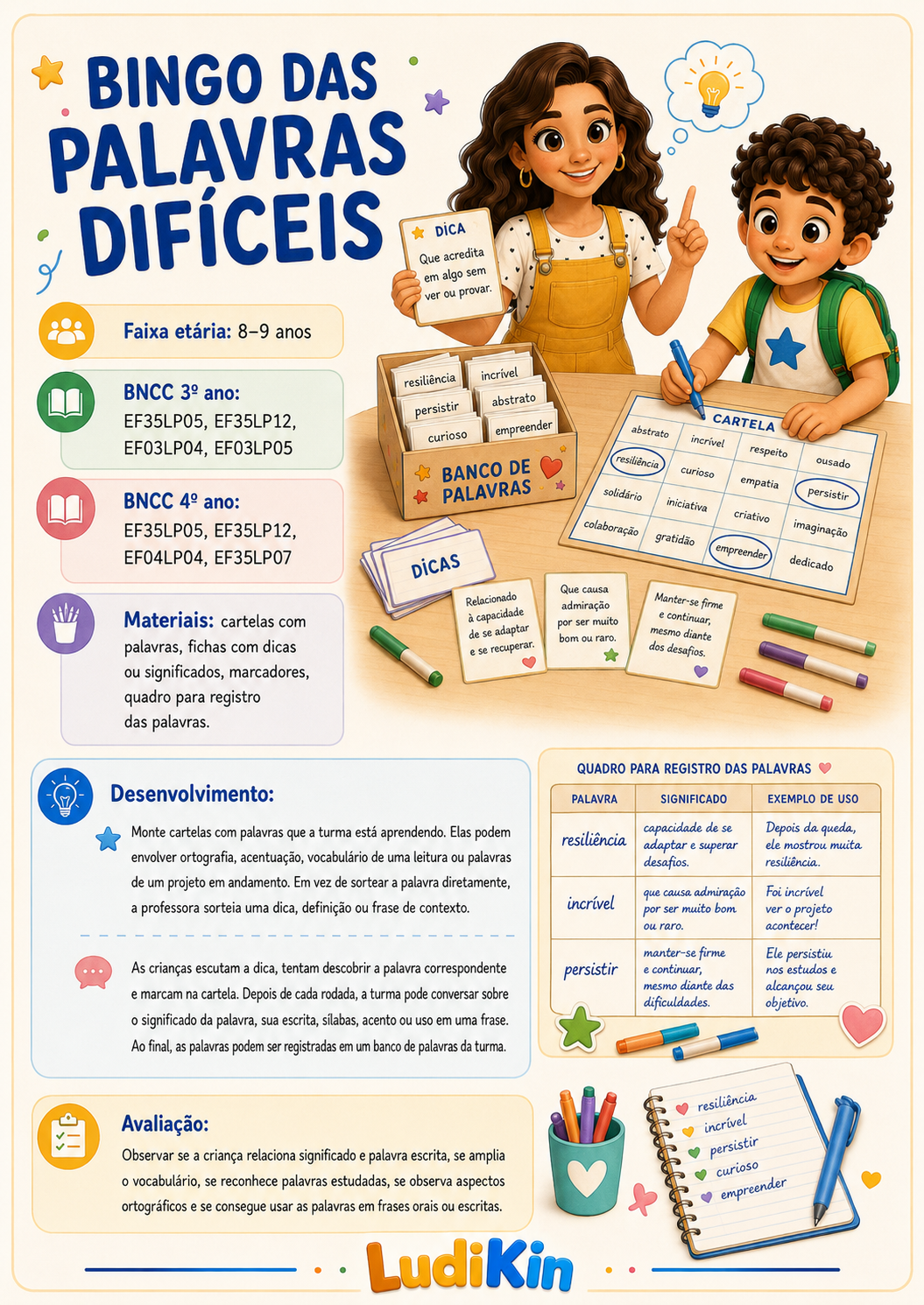 Prévia da brincadeira Bingo das Palavras Difíceis